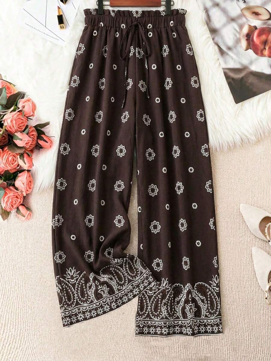 EMERY ROSE Plus Size Women Floral Print Ruffle Waist Tie Wide Leg Loose Pants - Multicolor - View 1