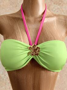 Mistrie Conjunto sexy de 3 piezas para mujer: Camiseta sin mangas con decoración metálica, Bragas de bikini con ribete contrastante, Falda de playa de malla con volantes y cordón, Conjunto de vacaciones de verano - Verde - Ver 4