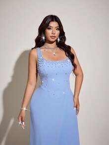 Viva Relle Vestido de cuello cuadrado con cuentas azul claro de estilo socialite de lujo para mujer talla grande. Adecuado para bodas románticas, fiestas formales, atuendos del Día de San Valentín, eventos de alfombra roja, carnaval suave y ocasiones apropiadas: Moda de estilo socialite de lujo, ropa de mujer talla grande con estilo minimalista. - Neblina azul - Ver 5
