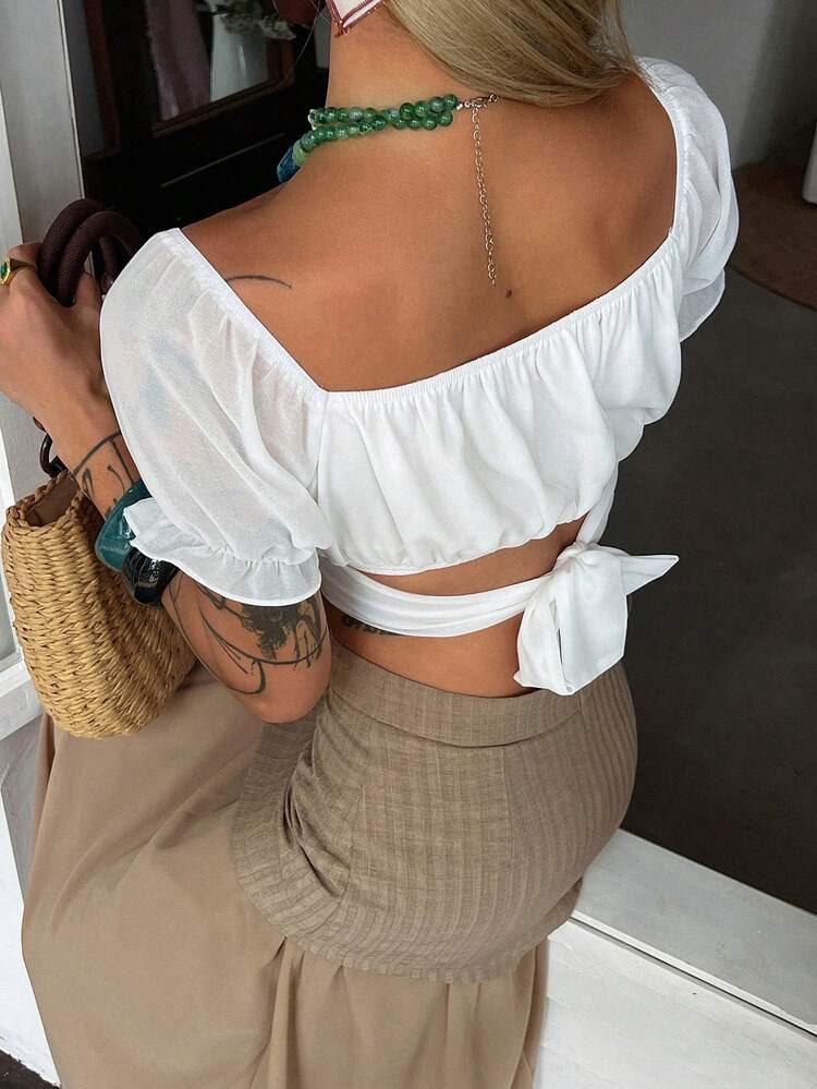 Romantic Elegant Ruffle Sleeve Cropped Top For Women, Spring & Summer