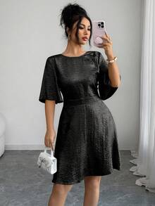 SHEIN Raffinéa Women's Elegant Delicate Backless Tie-Up Ruffle Sleeve Gold Waist Short Dress, Suitable For Outings And Dates In Spring/Summer - Black - View 6