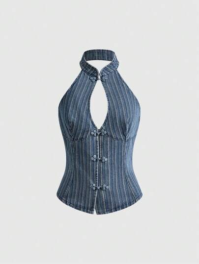 ROMWE Vintage Neo-Chinese Improved Cheongsam With Halter Neck Hollow Design And Backless Denim Blouse