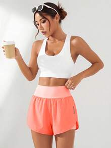 Powerista Casual Versatile High Waist Cream Orange Slit Hem Pockets Fitted Sports Shorts - Orange - View 5