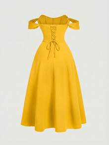 SHEIN MOD Đầm không tay họa tiết xương cá màu đen cổ điển dành cho nữ cỡ lớn, thích hợp cho mùa xuân/hè, đầm dạ hội, đầm dự tiệc, đầm prom, đầm dài màu đen, đầm phù dâu, đầm dự lễ tốt nghiệp, đầm phong cách Phục Hưng, đầm retro. - Màu vàng - Xem 3