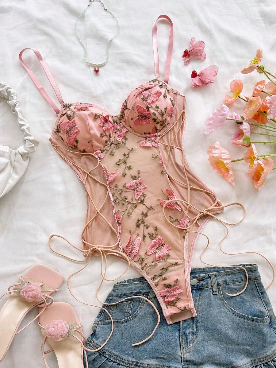 SHEIN WYWH Women's Floral Embroidered Mesh Lace-Up Camisole Bodysuit - Pink - View 1