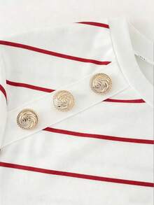 SHEIN Franclia Women's Red And White Striped Knit Sweater,Elegant French Minimalist Round Neck Short Sleeve T-Shirt,Summer Casual Versatile Chic Top For Brunch - Multicolor - View 5