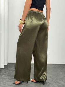 SHEIN PETITE Quần dài ống rộng màu xanh lá cây bằng vải satin dành cho nữ, kiểu dáng thường ngày, quần lụa, quần satin, quần lụa xanh lá cây, quần satin xanh lá cây, quần màu xanh ô liu, kiểu dáng thường ngày. - màu xanh lá - Xem 2