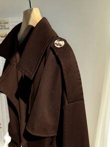 Comfortcana Plus Size Retro Brown Short Trench Coat With Collar, Suitable For Spring And Autumn - Brown - View 4