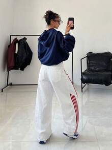 StreetHx Denim Casuais Soltos de Perna Larga com Listras e Bolsos para Mulheres - Branco - Visão 2