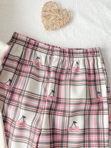 SHEIN Bộ đồ ngủ trẻ em cho bé gái, gồm áo tay ngắn cổ tròn in họa tiết trái cây và quần kẻ caro. - trắng - Xem 5