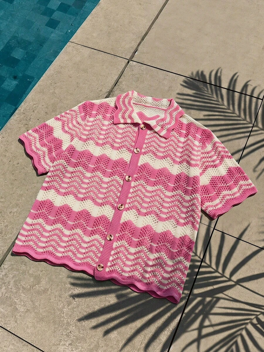 Áo khoác cardigan nam dệt kim họa tiết lượn sóng cổ điển, màu hồng và trắng phối tương phản, tay ngắn khoét rỗng. - Hồng - Xem 1