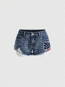 ROMWE Street Life Shorts vaqueros de mujer, estilo Y2K, azul retro, ajuste sexy y delgado, shorts vaqueros desgastados con bordado de estrella de cinco puntas y dobladillo crudo - Azul - Ver 1