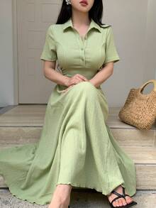 Modelyn Petite Women's Green Textured Knit Short Sleeve A-Line Midi Dress, Elegant & Romantic, Spring/Summer - Green - View 3