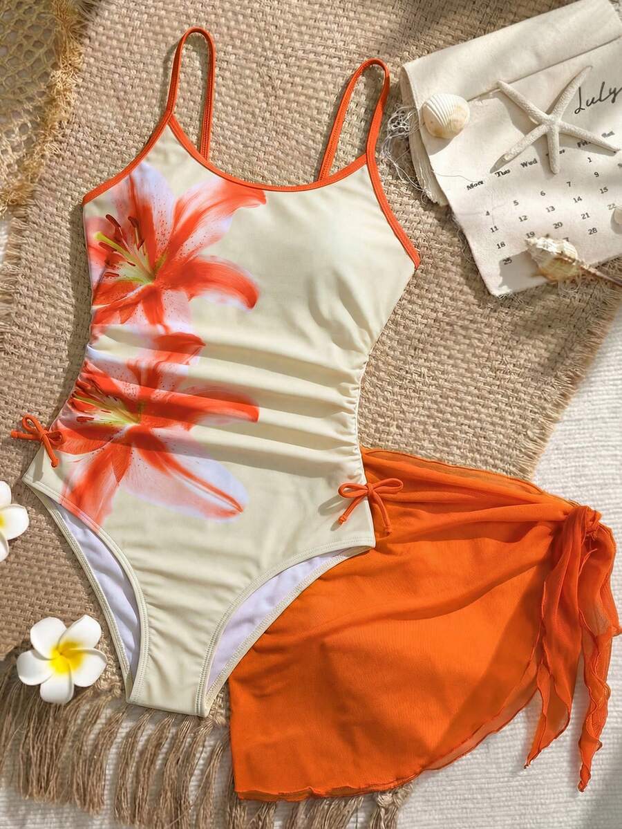 SHEIN 少女白色碎花荷叶边腰部连体泳衣，带可拆卸裙摆，休闲沙滩度假泳装套装 - 彩色 - 查看 1