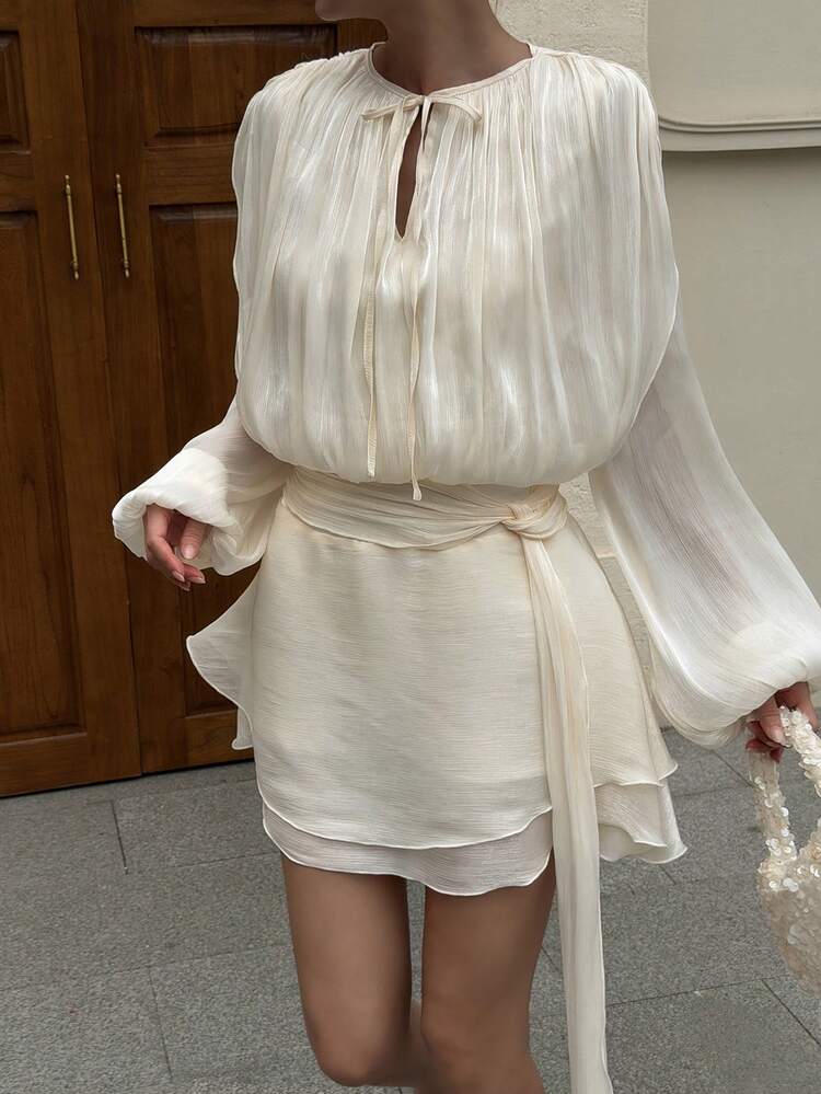 Women's Solid Color Pleated Top And Skirt Casual 2-Piece Set
