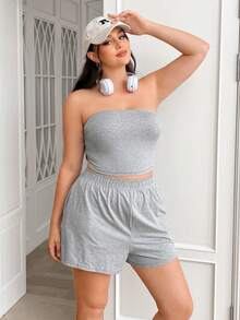 Comfortcana Bộ 2 món dành cho nữ cỡ lớn, áo quây và quần short, thích hợp cho mùa hè. - Màu Xám nhạt - Xem 6