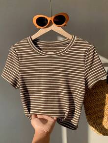 Comfortcana Camisetas de punto elásticas de manga corta a rayas en marrón y beige, cómodas para todo - Multicolor - Ver 1