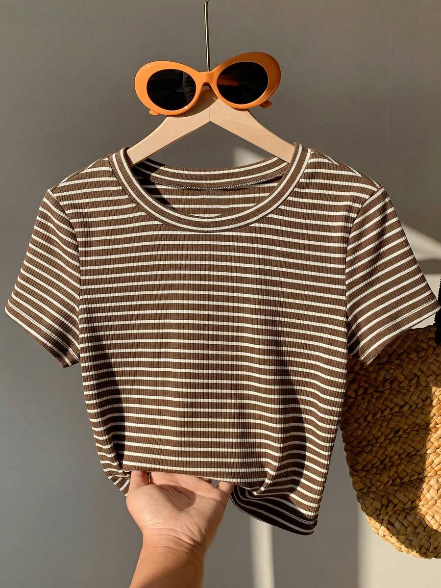 Comfortcana Camisetas de punto elásticas de manga corta a rayas en marrón y beige, cómodas para todo - Multicolor - Ver 1