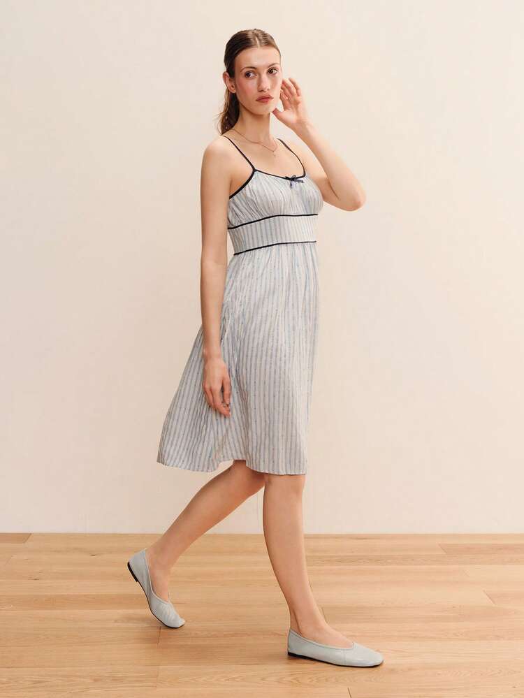 Blue Stripe Midi Summer Dress With Contrast Piping Detail And Bow Cute Vintage Casual Holiday Dress