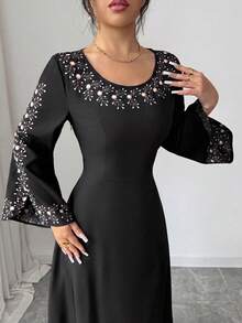 SHEIN Elenzya 定位印花长袖圆领A字型优雅浪漫精致女式连衣裙 - 黑色 - 查看 7