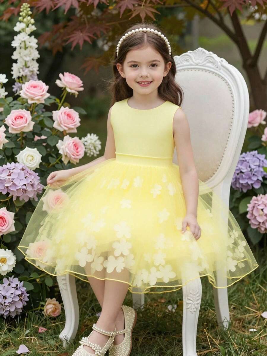 SHEIN Glamorique Kids 女童公主裙,花童礼服,生日派对婚礼正式礼服,缎面面料,无袖,黄色,多层网纱裙摆,中东和欧洲风格蝴蝶结系带后背 - 黃色 - 查看 1
