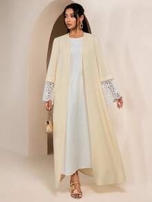 Veilorie Women's Elegant Patchwork Water-Soluble Lace Front Open Abaya Robe - Yellow - View 6