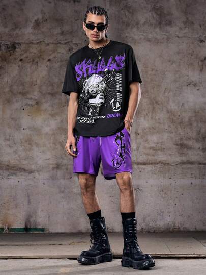 Skyrend 2pcs/Set Men Summer Casual Portrait & Letter Print Round Neck Short Sleeve T-Shirt And Shorts Set Men Black And Purple Short Sets Men Coords Shirt And Shorts Purple Purple Streetwearemo