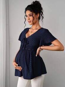 Momance Áo thun bầu dáng thanh lịch, thêu họa tiết rỗng, xếp ly ở ngực, kiểu dáng thường ngày. - Màu xanh lam - Xem 4