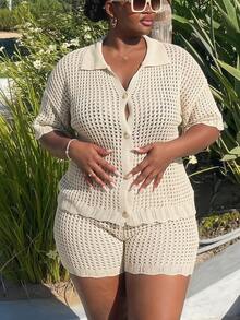 Veslaya Women's Plus Size Beige Summer Boho Vacation Holiday Knitted Two Pieces Outfit,Loose Short Sleeve Shirt Top And Shorts Set,Beach Music Festival Party - Apricot - View 2