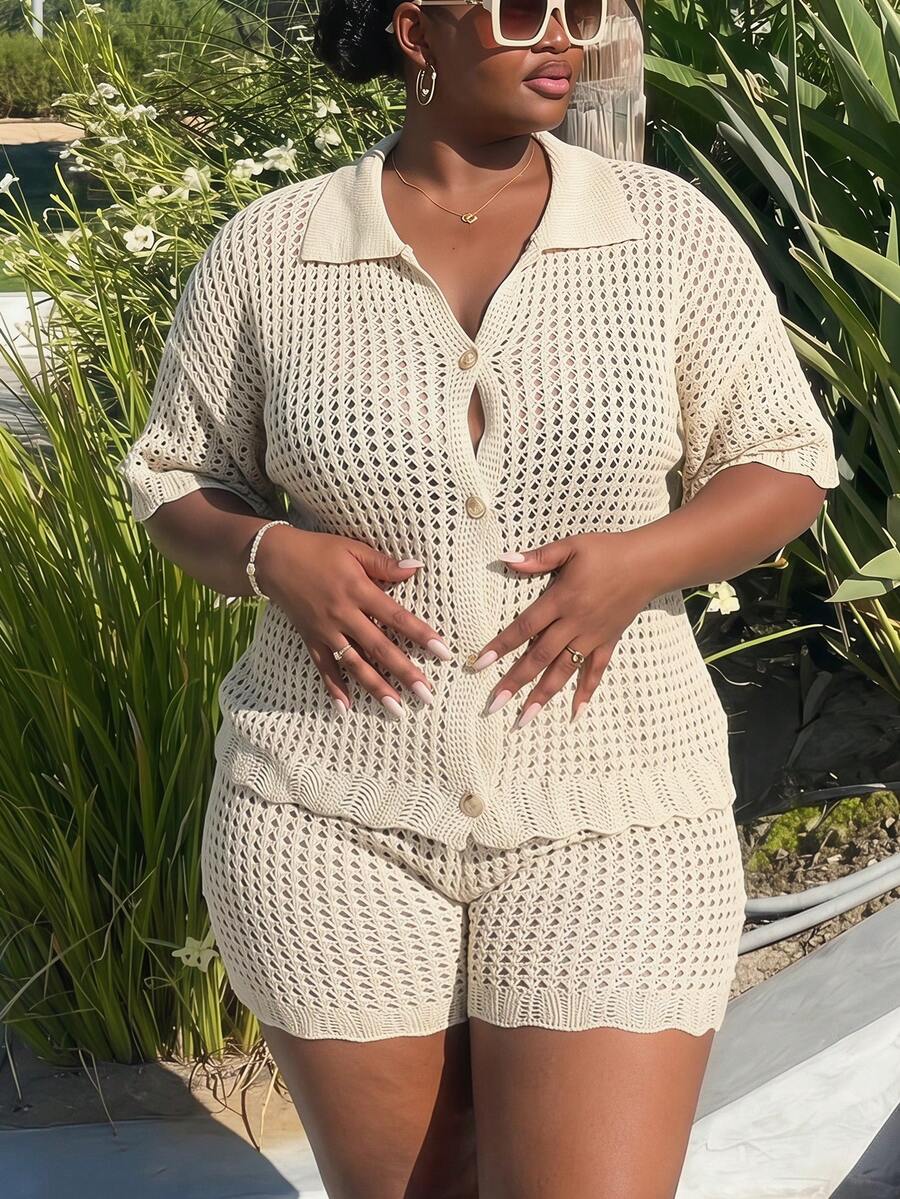 Veslaya Women's Plus Size Beige Summer Boho Vacation Holiday Knitted Two Pieces Outfit,Loose Short Sleeve Shirt Top And Shorts Set,Beach Music Festival Party