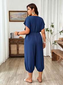 Weeklong Plus Size Women Solid Color Casual Loose V-Neck Jumpsuit Fall - Navy Blue - View 2