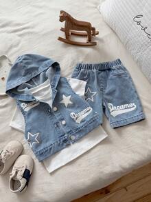 SHEIN Toddler Boys' Washed Casual Loose Denim Hooded Vest Top & Elastic Waist Denim Shorts Set, Simple Fashion Versatile Design For Daily Wear - Blue - View 4