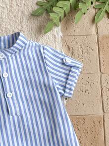 SHEIN Vintaside Kids 两件套男婴可爱休闲条纹polo衫和松紧腰条纹裤套装，适合生日派对、晚宴、演出、婚礼、婴儿派对等场合。 - 藍色 - 查看 7