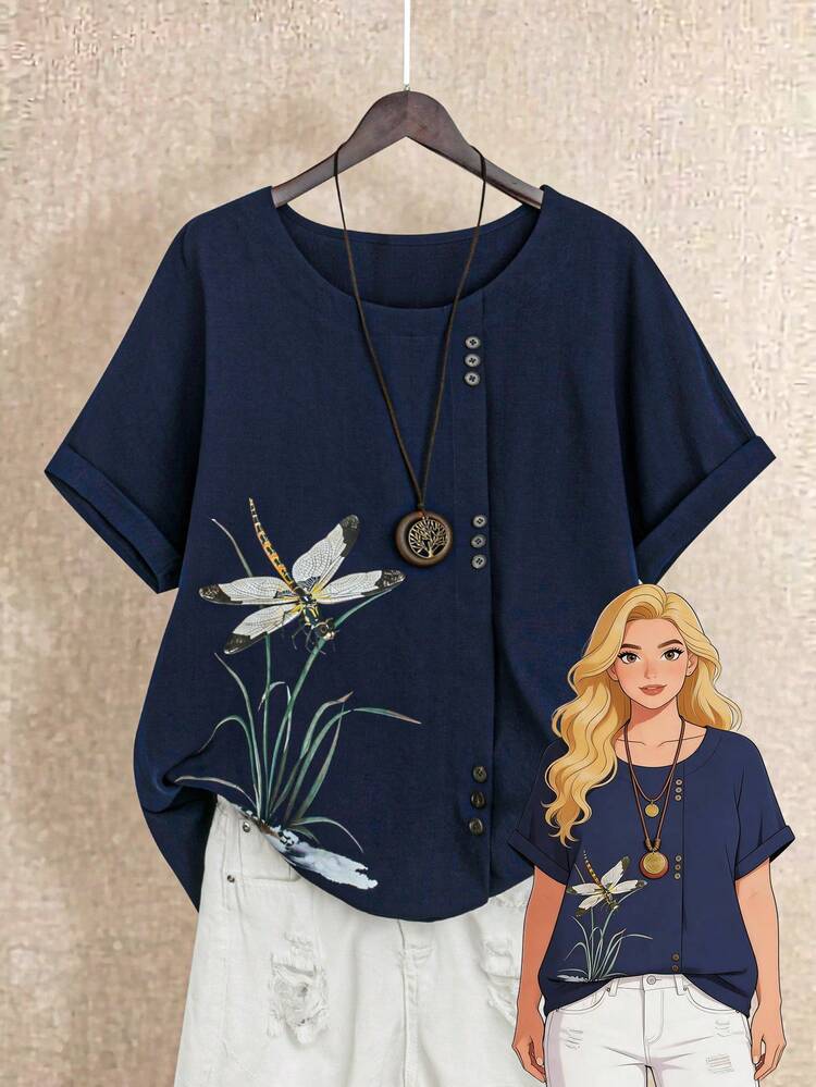 Plus Size Women Summer Casual Vacation Daily Commute Dragonfly Print Batwing Sleeve Loose Blouse Summer Summer Outfits Spring Clothing Spring Outfit Festival Outfits For Women Beach Outfit For Women Vacation Outfits Women Holiday Outfits For Women Summer Holiday Outfits Country Concert Outfit Women's Country Clothing