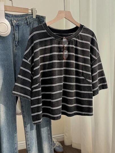 SHEIN PETITE CURVE 大码休闲短袖T恤，3D立体花卉刺绣，水洗棉，春夏宽松版型，半袖条纹上衣，休闲女式棉质上衣，女士衬衫，新款条纹T恤