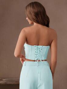 Savoree Elegant Beaded Decor Bandeau Bodycon Cropped Top - Baby Blue - View 2