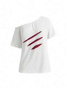ROMWE Grunge Punk Women's Contrast Color Ripped Design Asymmetrical Shoulder Loose T-Shirt, Summer - White - View 1