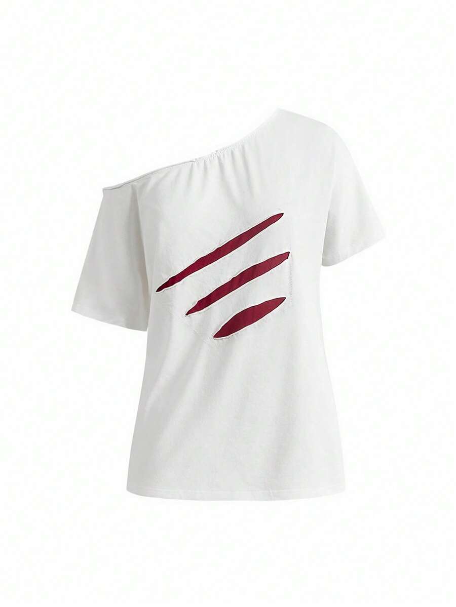 ROMWE Grunge Punk Women's Contrast Color Ripped Design Asymmetrical Shoulder Loose T-Shirt, Summer - White - View 1