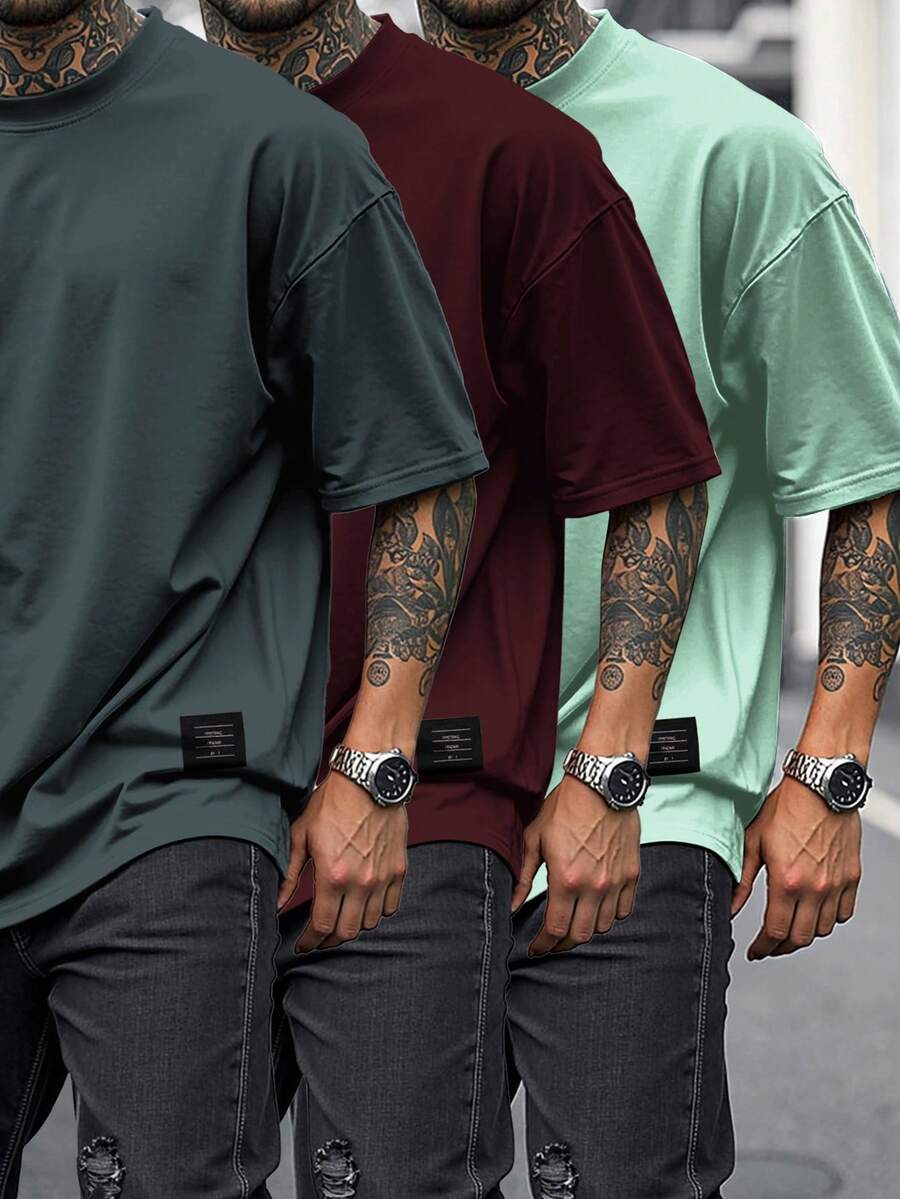 NEOREFINED 3pcs/Set Men's Casual Solid Color Round Neck Short Sleeve T-Shirts, Summer - Burgundy - View 1