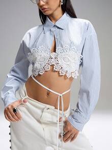 LYSMO 2026 New Arrive Minimalism Spring/Summer Women's Striped Lace Casual Versatile Long Sleeve Shirt For Daily Wear Shirts For Woman Crop Blouse For Women Casual Modern - Blue and White - View 3