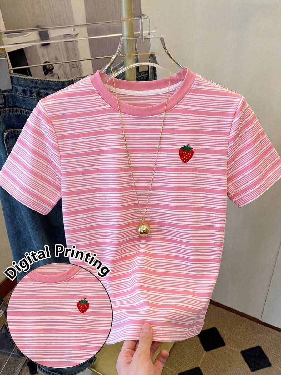 Pink Casual Basic Cute Sports Campus SocialOccasions Graduation T-Shirt For Teen Girl,Comfortable Fit For Spring/Summer Strawberry Digital Printing - Pink - View 1