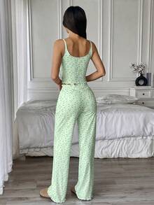 Hanevo Bộ đồ mặc nhà thoải mái 2 món gồm áo hai dây và quần dài vải gân - Màu xanh Bạc hà - Xem 2