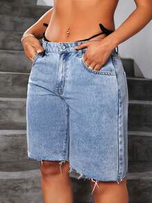 Jeanoix Short en jean ample et décontracté à jambe droite avec ourlet effiloché, couleur unie, grande taille, été - Bleu azur - Voir 1