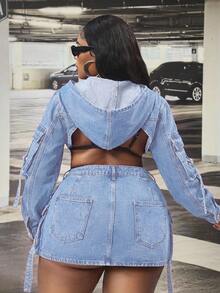 Slaydiva Plus Size Women's Cargo Pocket Sexy Vintage Washed Distressed Long Sleeve Denim Jacket - Light Wash - View 5