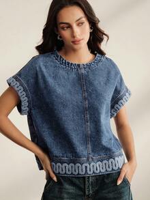 Anewsta Women's Elegant Embroidered Towel Casual Summer Vacation Denim Top - Blue - View 2