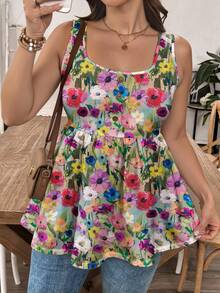 SHEIN LUNE Plus Size Floral Oil Painting Print Ruffle Hem Tank Top, Suitable For Summer - Multicolor - View 6