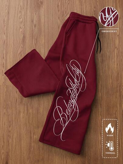 TOKVUE 男士街头风INS侧边刺绣长裤，适合户外音乐节、夜店等场合，可作为男友/老公礼物、周年纪念礼物，黑色休闲运动裤，保暖内衬