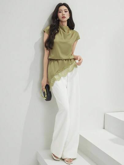 Heiryn Women's Summer Fashion Vacation Style Minimalist Solid Color Funnel Neck Cap Sleeve Waist Splice Lace Asymmetrical Hem Blouse