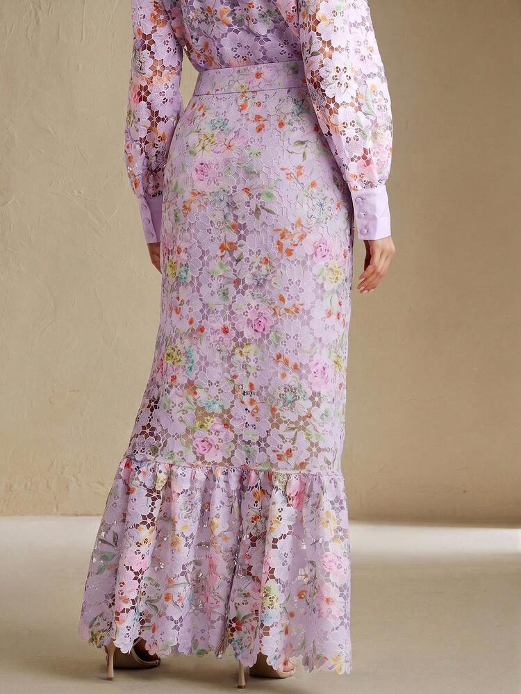 Women's Elegant Fashionable Water-Soluble Lace Hollow Floral Print Bodycon Fishtail Ruched Skirt, Summer Outfits For Women, Valentine's Day Outfit