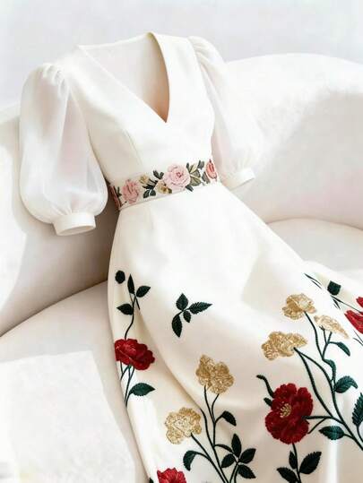 GlowEve Đầm midi nữ cổ chữ V tay phồng eo thon dáng chữ A, họa tiết hoa nhí, thiết kế phối chiffon, hàng mới về mùa hè, đầm midi nghỉ dưỡng nữ, đầm hè nữ, đầm dự tiệc thanh lịch nữ, đầm thường ngày nữ, đầm hoa nhí nữ, đầm thanh lịch quyến rũ nữ, đầm tay ngắn nữ, đầm dự tiệc cưới nữ, trang phục tốt nghiệp, trang phục công sở thường ngày thời trang, trang phục công sở, trang phục thường ngày đa năng và phong cách, đồng phục giáo viên thành thị.